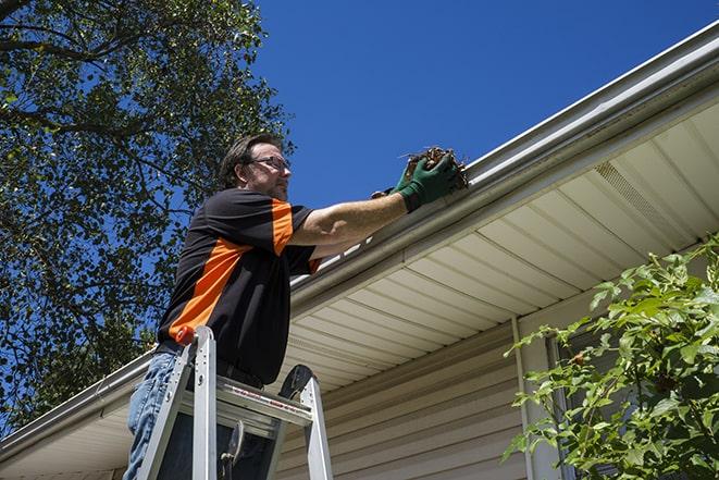 a repairman inspecting a clogged gutter for debris in Antioch